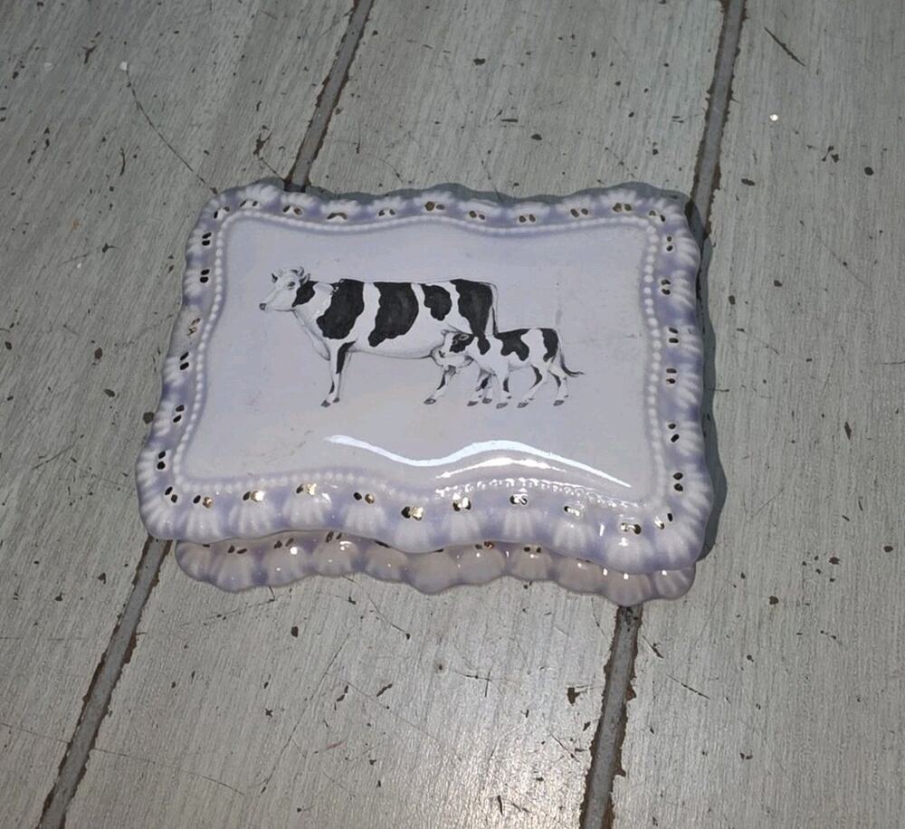 Vtg 1983 Gator Mold Co Cow Trinket Jewelry Boxes W/Lid White Blue Gold Heritage
